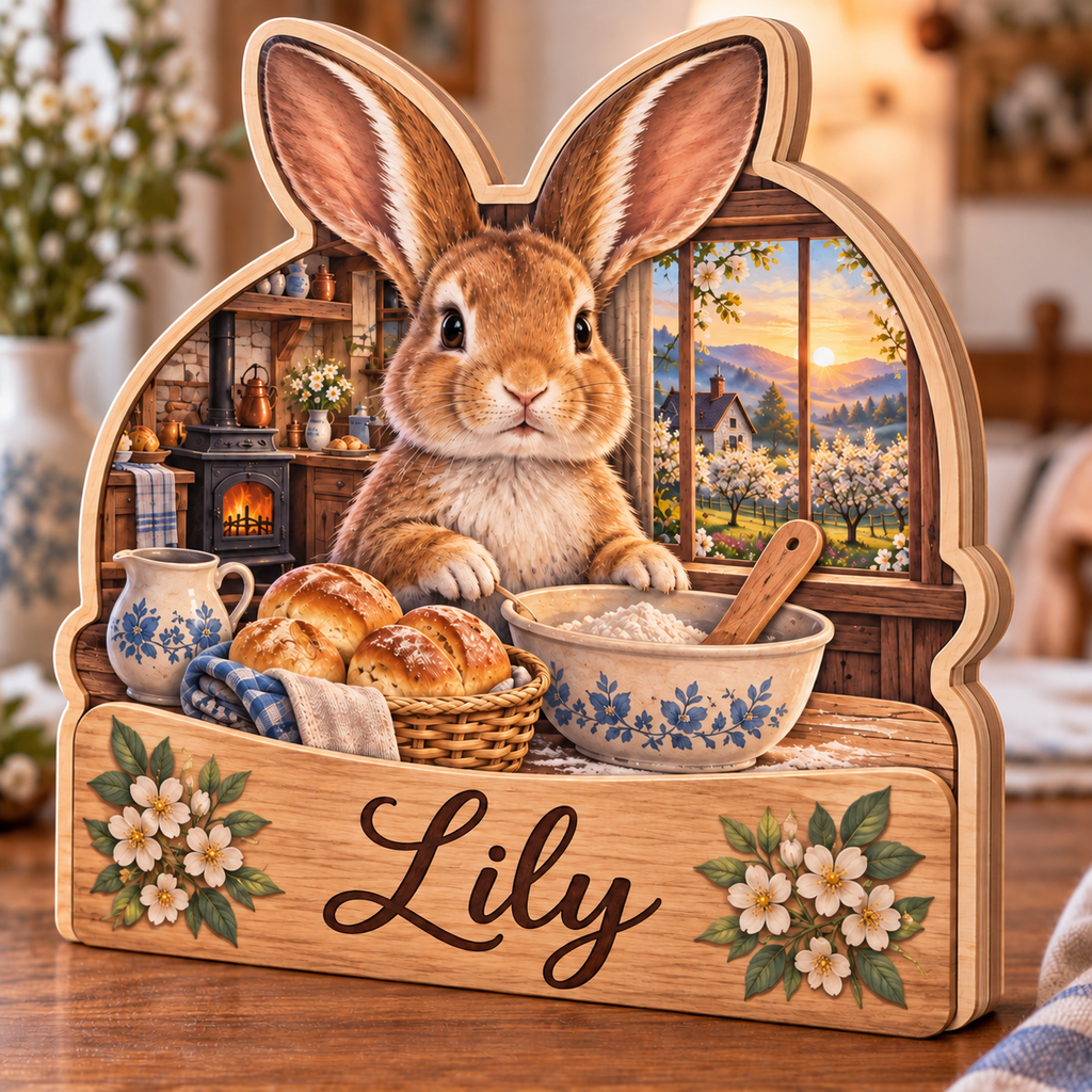 Rabbit Baker Cottage Kitchen Personalized Wooden Block; example personalization Lily