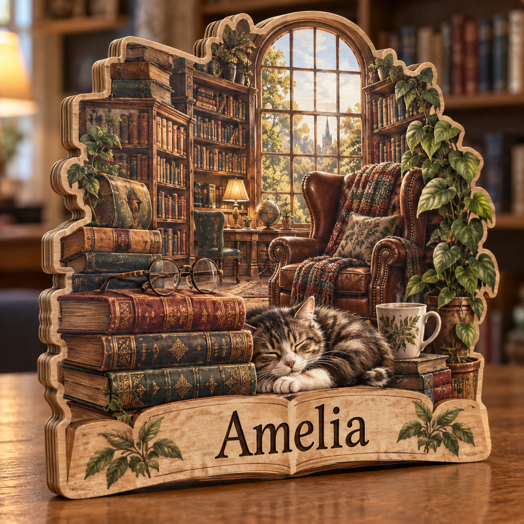 Book Stack Library Window Personalized Wooden Block; example personalization Amelia