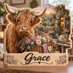 Highland Cow Flower Shop Personalized Wooden Block; example personalization Grace