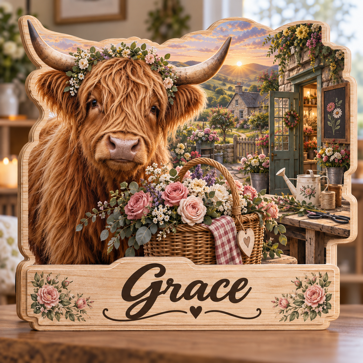 Highland Cow Flower Shop Personalized Wooden Block; example personalization Grace