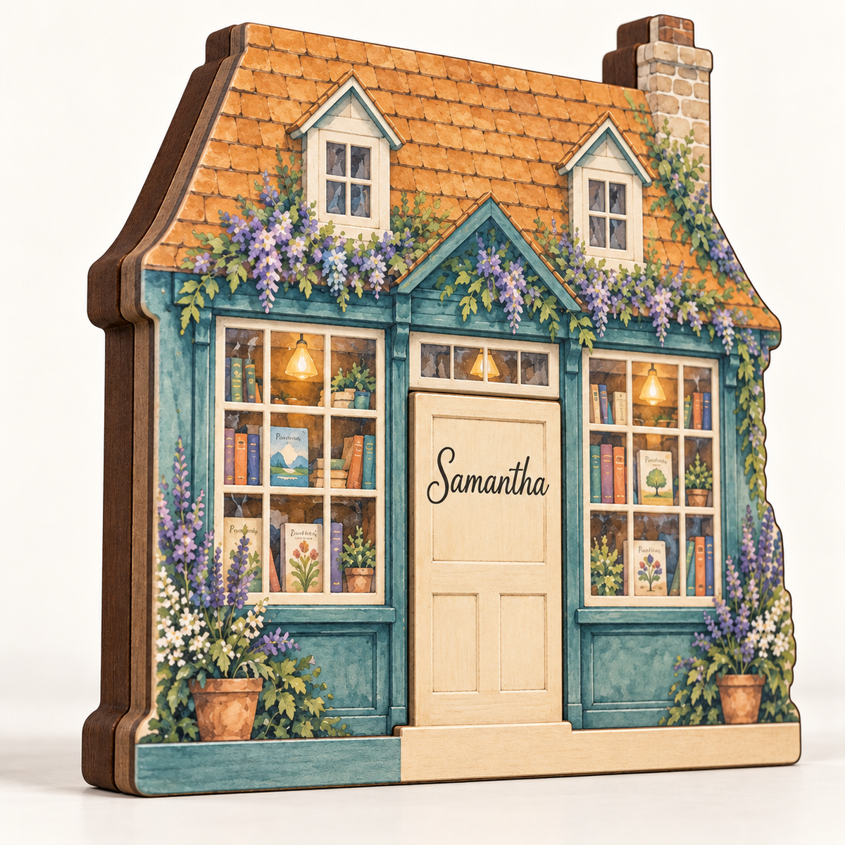 Watercolor Bookshop Cottage Personalized Wooden Block; example personalization Samantha