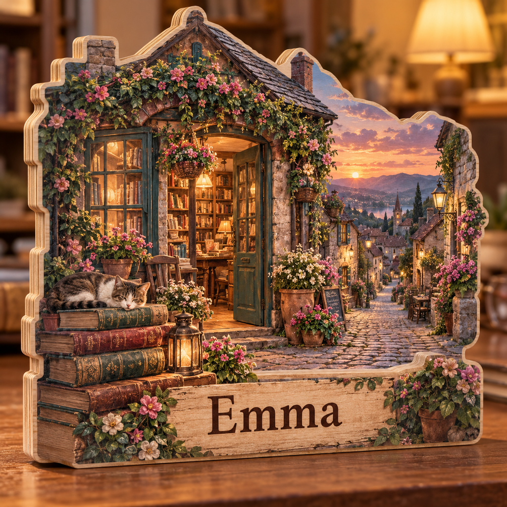 Bookshop Cobblestone Lane Personalized Wooden Block; example personalization Emma