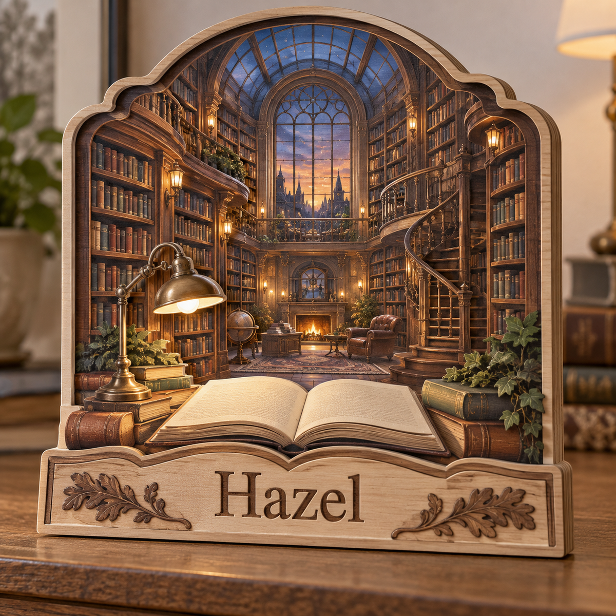 Library Spiral Stair Skylight Personalized Wooden Block; example personalization Hazel