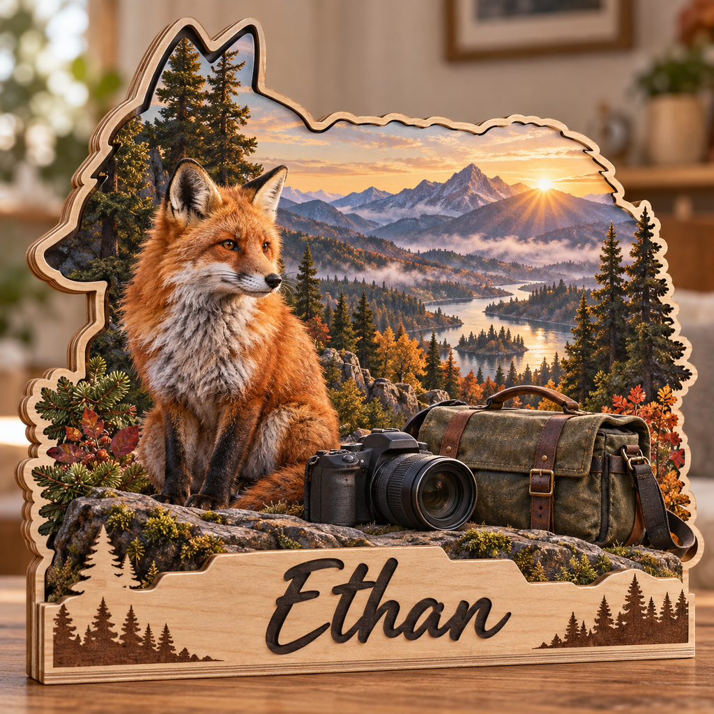 Red Fox Camera Woodland Personalized Wooden Block; example personalization Ethan