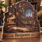 Library Spiral Staircase Personalized Wooden Block; example personalization Benjamin