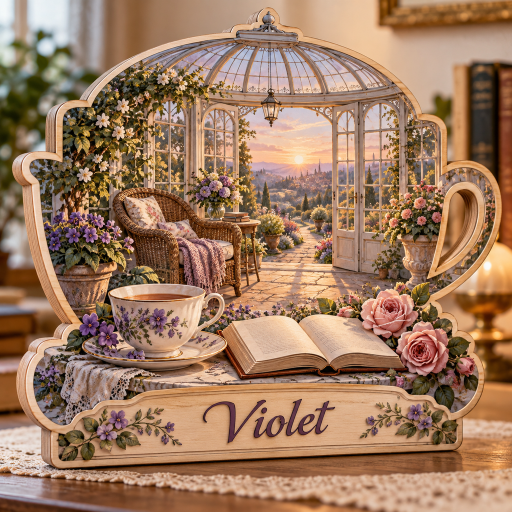 Tea Reader Rose Conservatory Personalized Wooden Block; example personalization Violet