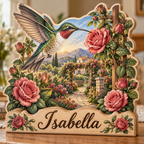 Hummingbird Rose Trellis Personalized Wooden Block; example personalization Isabella