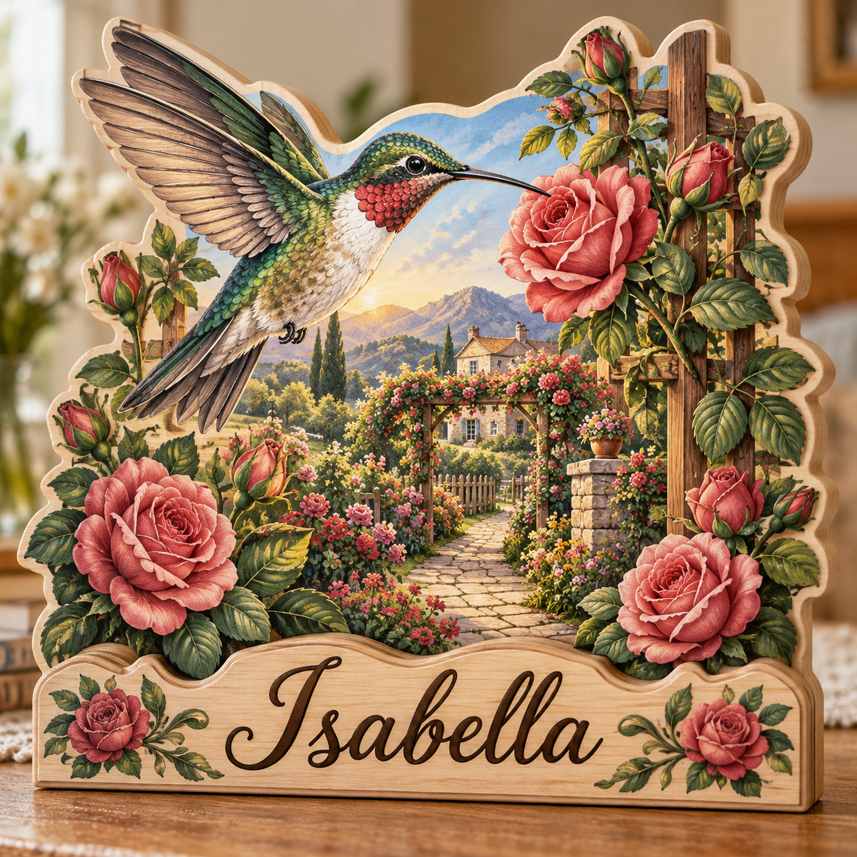 Hummingbird Rose Trellis Personalized Wooden Block; example personalization Isabella