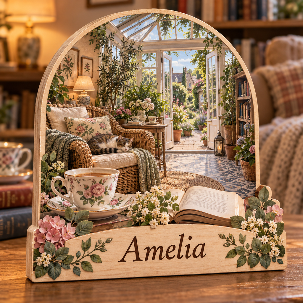 Tea Reading Conservatory Personalized Wooden Block; example personalization Amelia