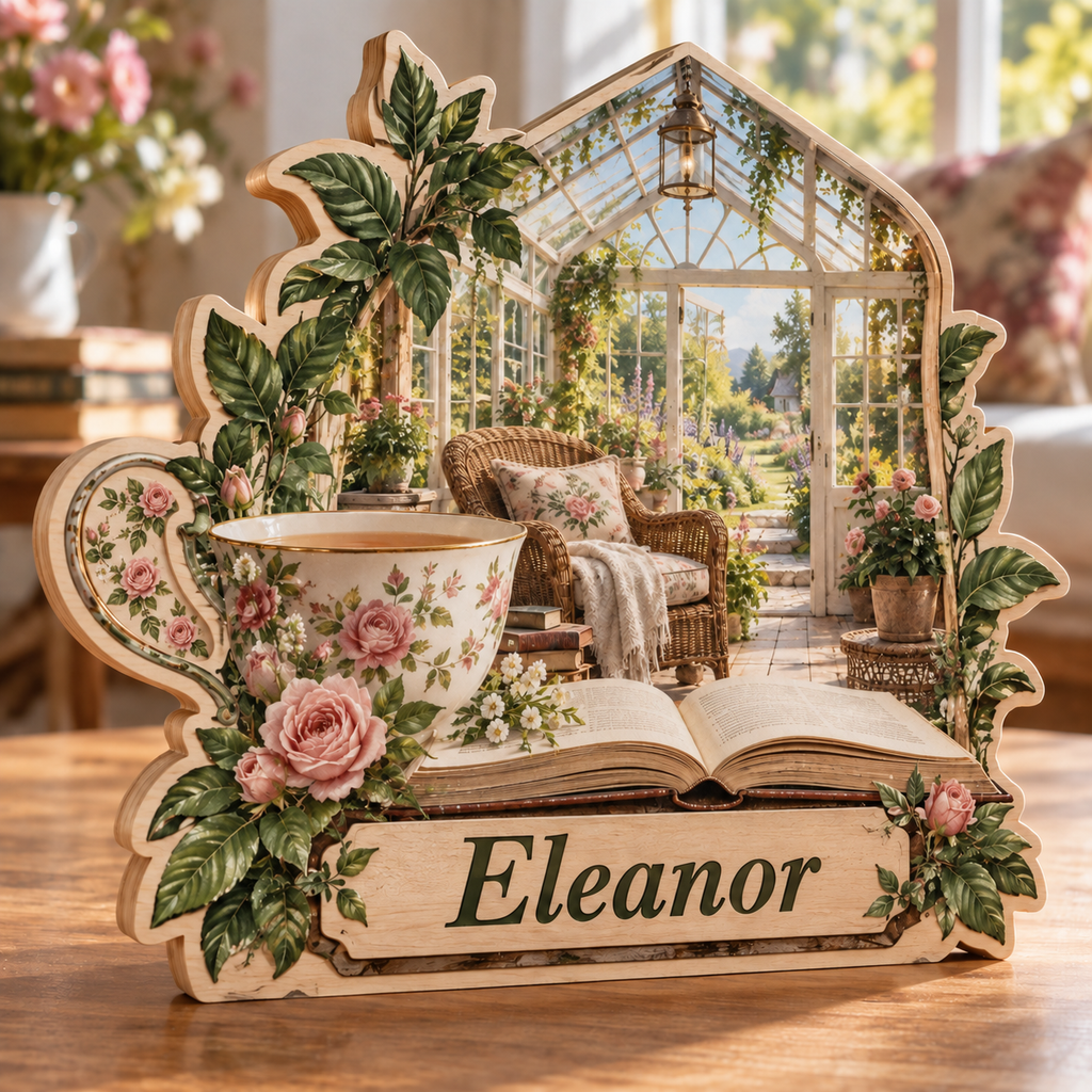 Tea Reader Conservatory Personalized Wooden Block; example personalization Eleanor
