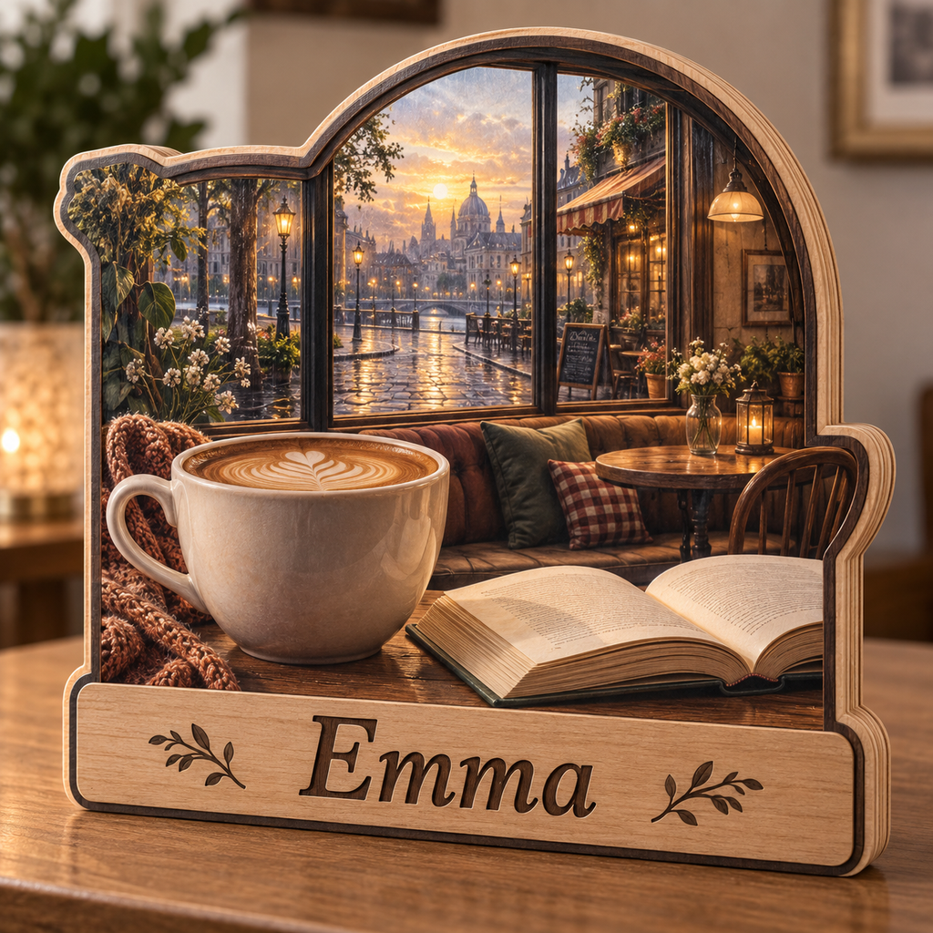 Coffee Reader Rainy Cafe Lantern Window Personalized Wooden Block; example personalization Emma