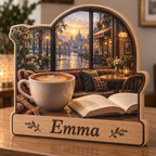 Coffee Reader Rainy Cafe Lantern Window Personalized Wooden Block; example personalization Emma