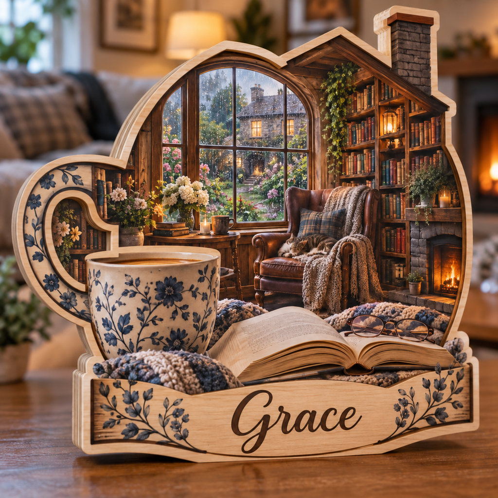 Coffee Reader Rainy Cottage Personalized Wooden Block; example personalization Grace