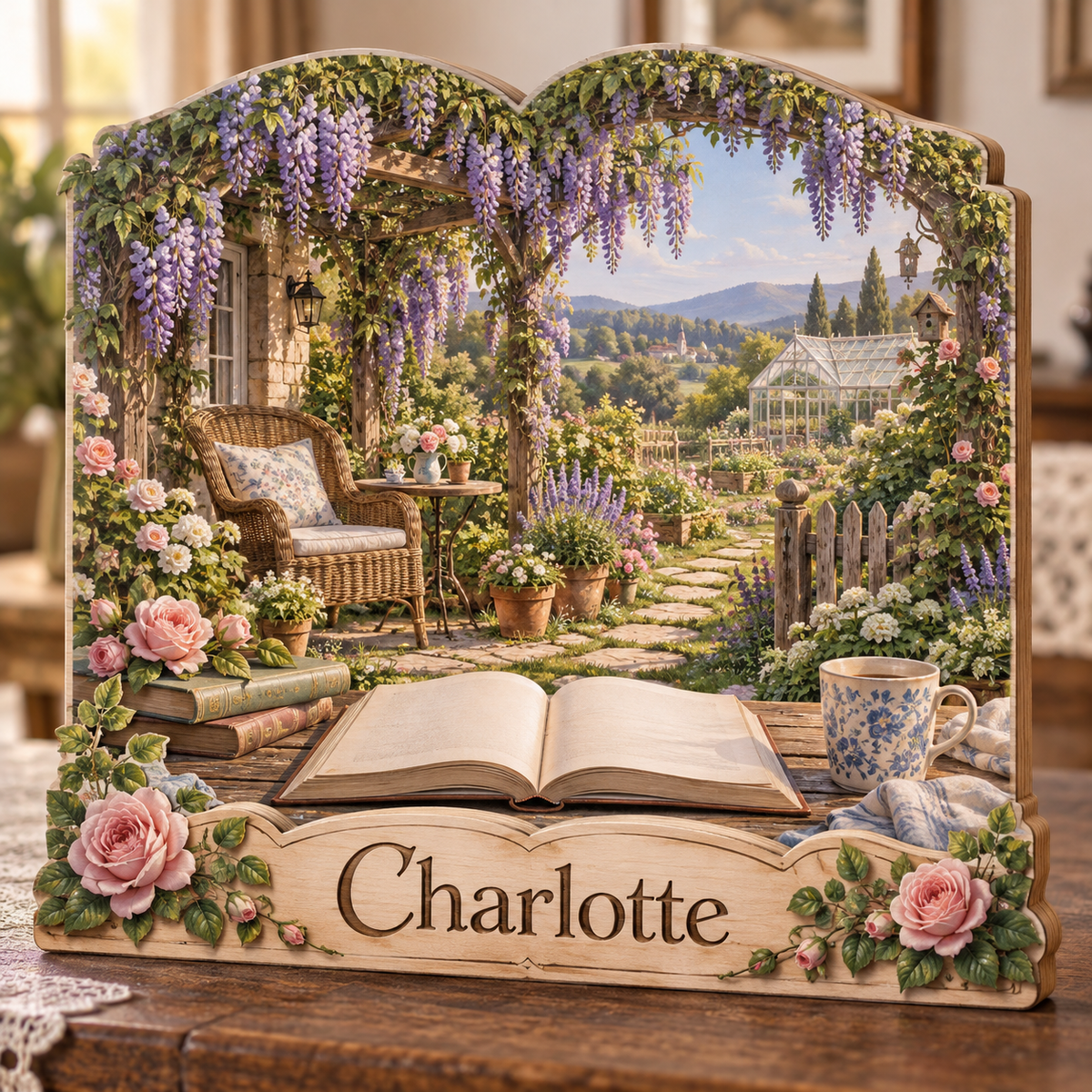 Garden Reader Wisteria Stone Walk Personalized Wooden Block; example personalization Charlotte