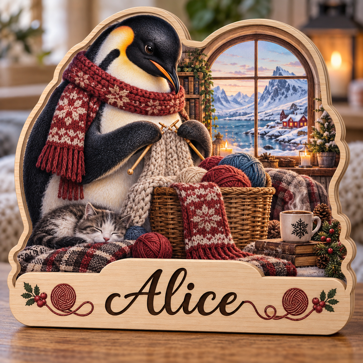 Penguin Knitting Winter Nook Personalized Wooden Block; example personalization Alice