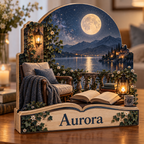 Moonlit Reader Lakeside Balcony Personalized Wooden Block; example personalization Aurora