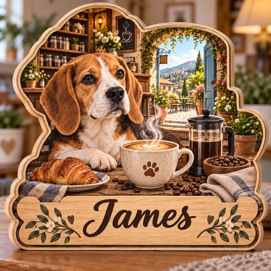 Beagle Coffee Garden Cafe Personalized Wooden Block; example personalization James