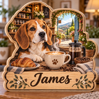 Beagle Coffee Garden Cafe Personalized Wooden Block; example personalization James