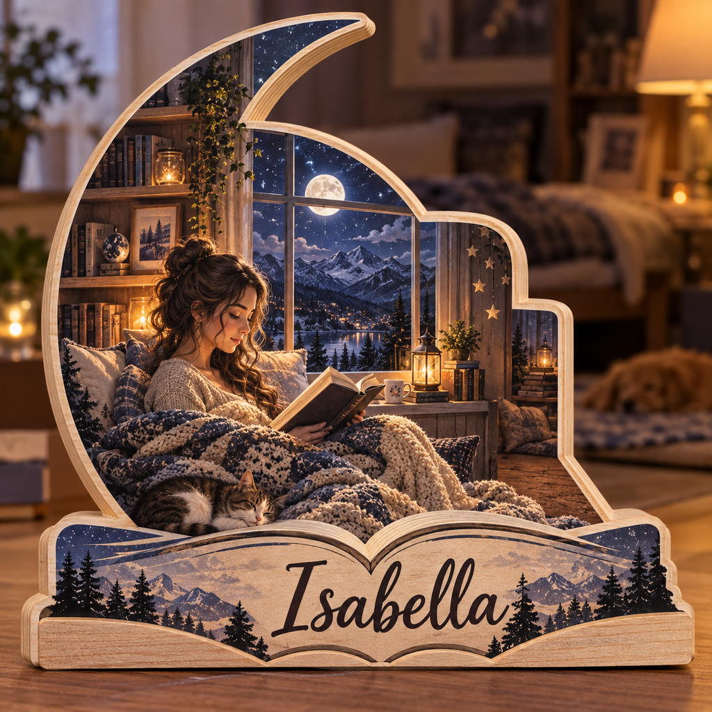 Moonlit Reader Window Nook Personalized Wooden Block; example personalization Isabella
