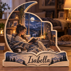 Moonlit Reader Window Nook Personalized Wooden Block; example personalization Isabella