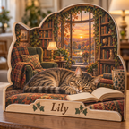 Cat Reader Ivy Library Bay Window Personalized Wooden Block; example personalization Lily