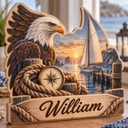 Bald Eagle Sailboat Harbor Personalized Wooden Block; example personalization William