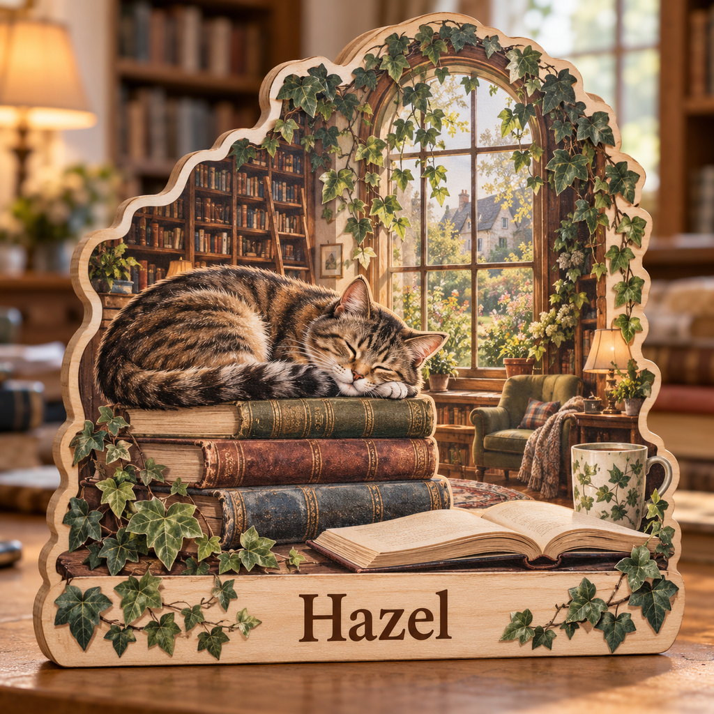 Cat Reader Ivy Window Personalized Wooden Block; example personalization Hazel