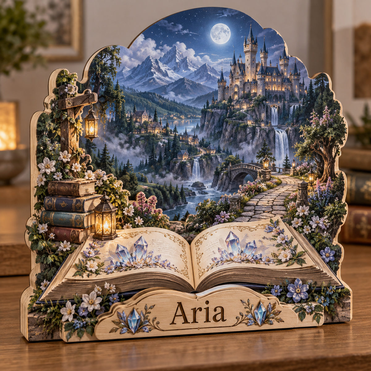 Fantasy Reader Crystal Castle Valley Personalized Wooden Block; example personalization Aria