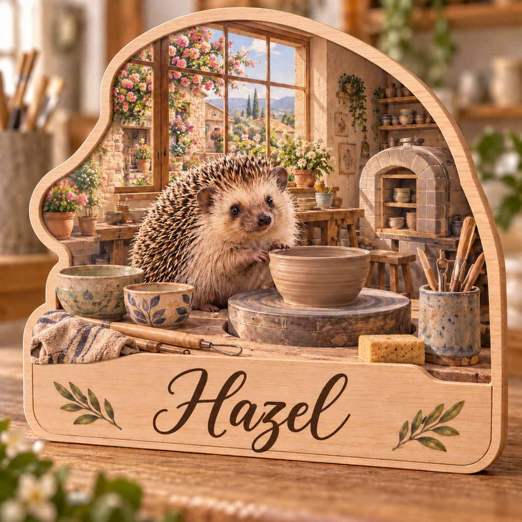 Hedgehog Pottery Studio Personalized Wooden Block; example personalization Hazel