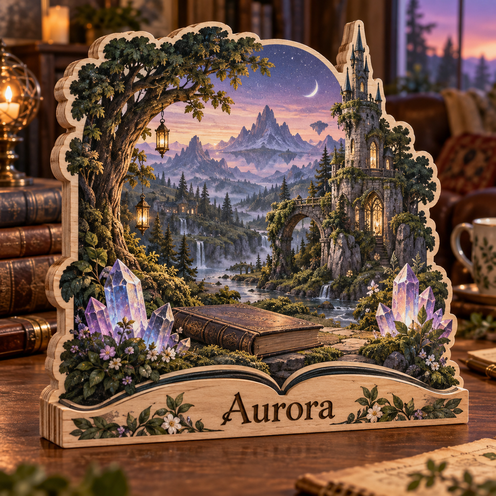 Fantasy Reader Crystal Tower Personalized Wooden Block; example personalization Aurora