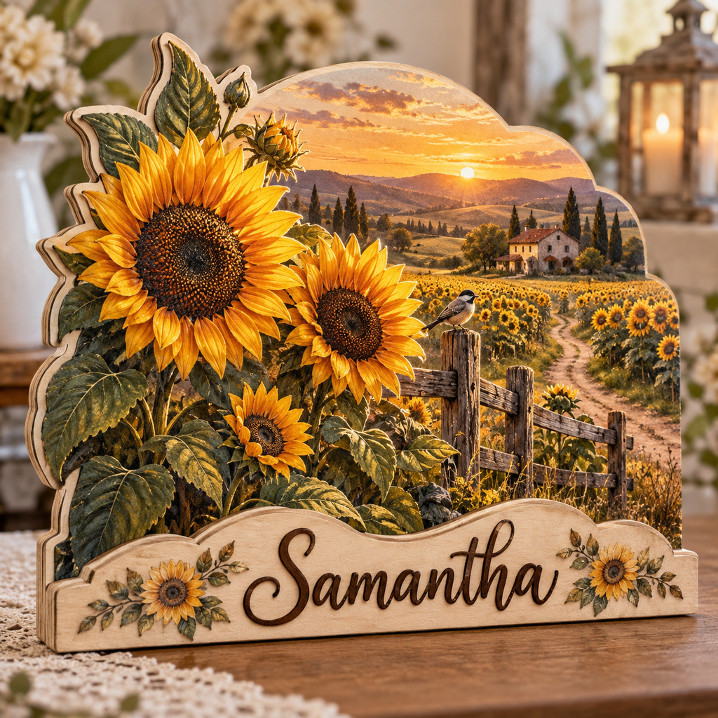 Sunflower Field Rustic Fence Personalized Wooden Block; example personalization Samantha