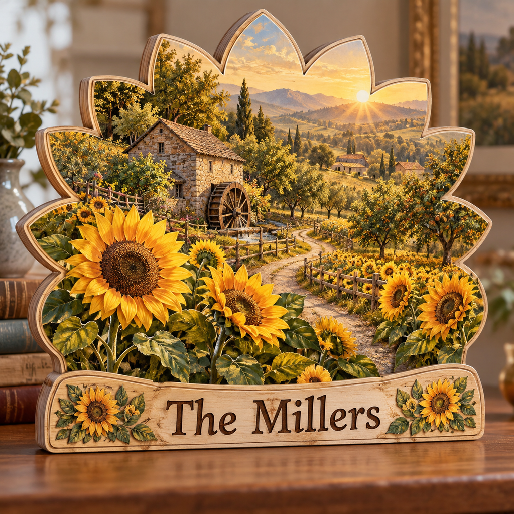 Sunflower Orchard Mill Path Personalized Wooden Block; example personalization The Millers