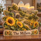 Sunflower Orchard Mill Path Personalized Wooden Block; example personalization The Millers