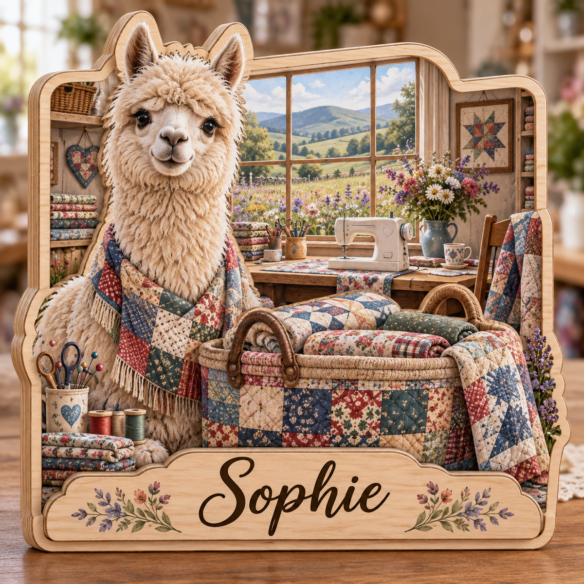 Alpaca Patchwork Studio Personalized Wooden Block; example personalization Sophie