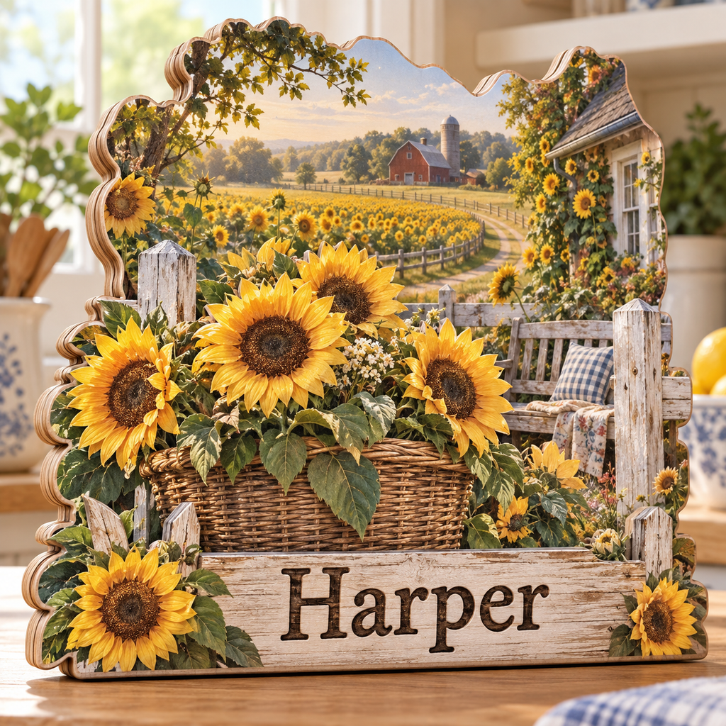 Sunflower Farm Basket Personalized Wooden Block; example personalization Harper