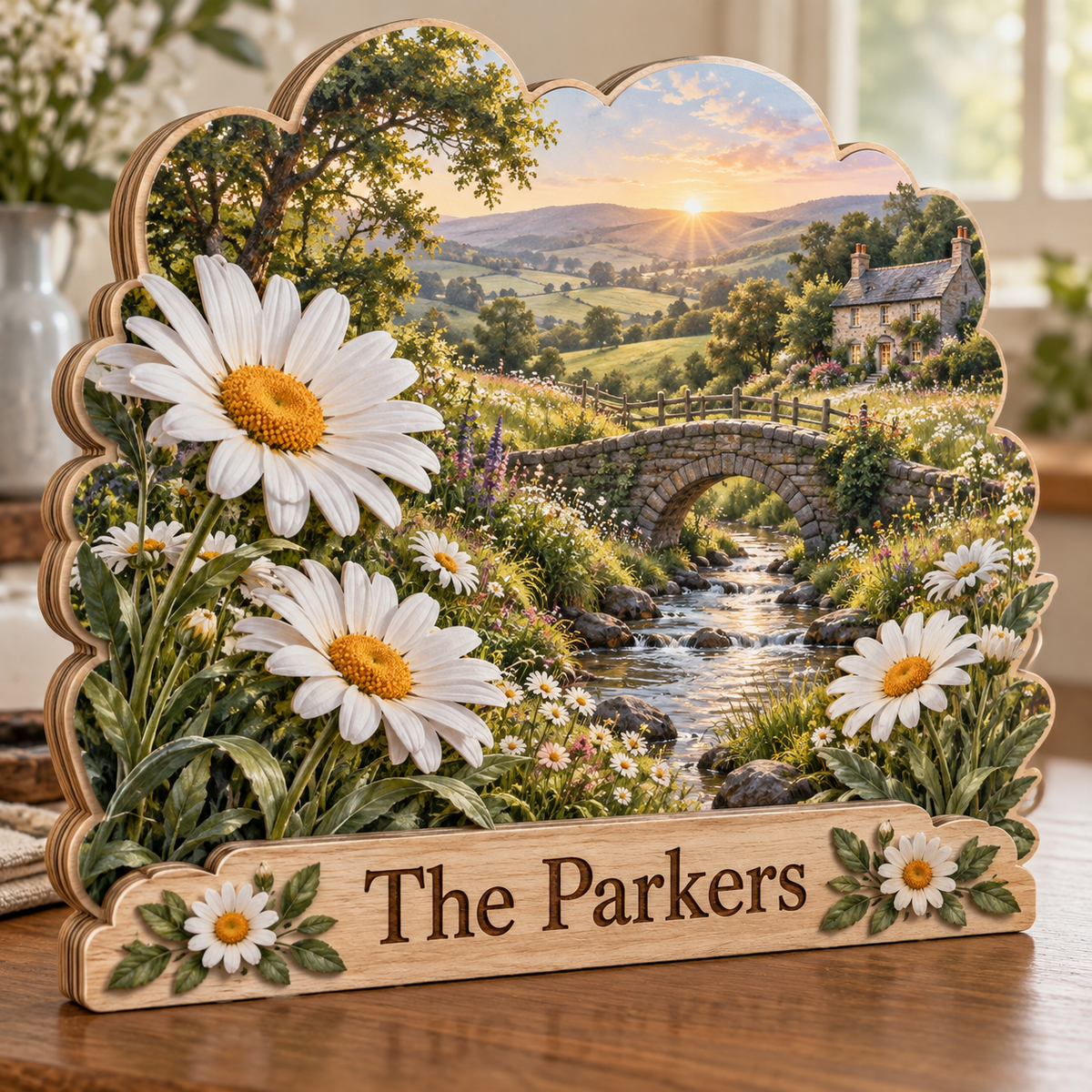Daisy Meadow Brook Cottage Personalized Wooden Block; example personalization The Parkers