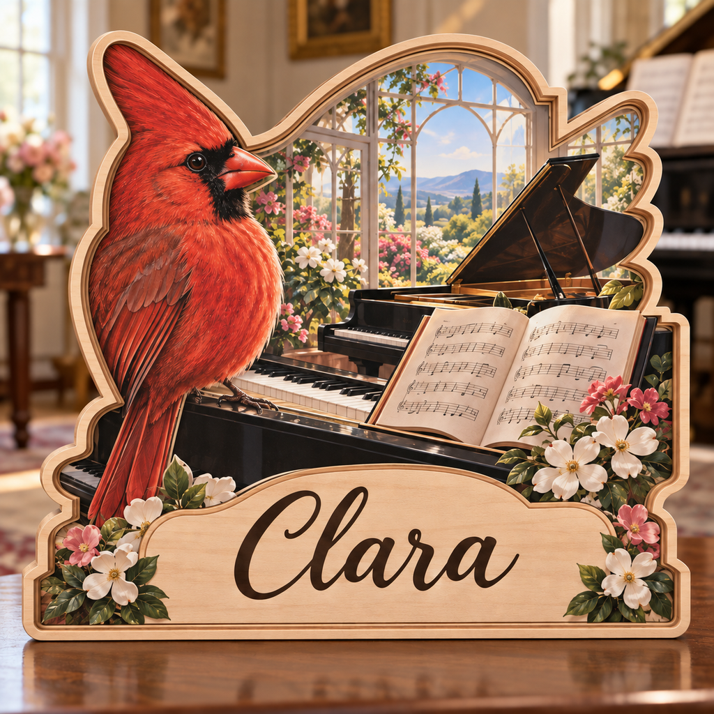 Red Cardinal Piano Conservatory Personalized Wooden Block; example personalization Clara