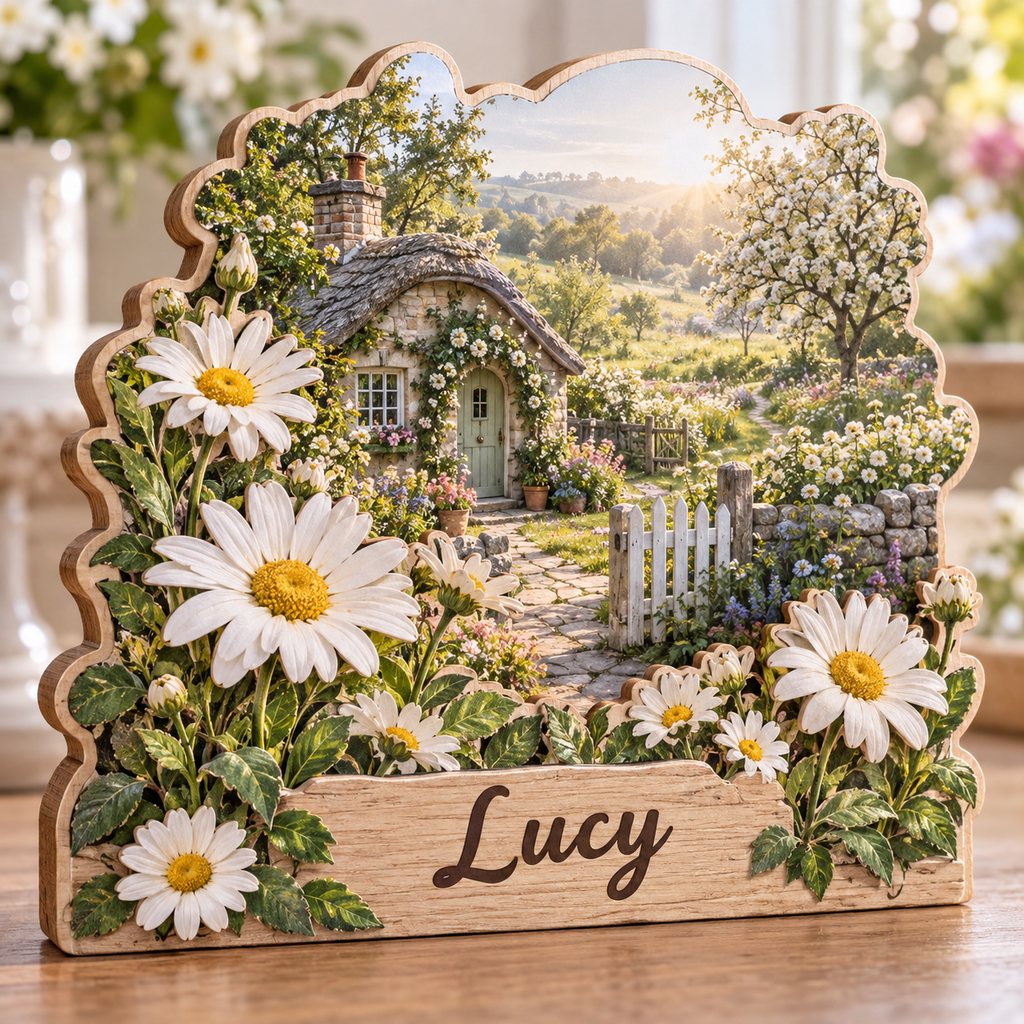 Daisy Meadow Garden Cottage Personalized Wooden Block; example personalization Lucy