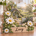 Daisy Meadow Garden Cottage Personalized Wooden Block; example personalization Lucy