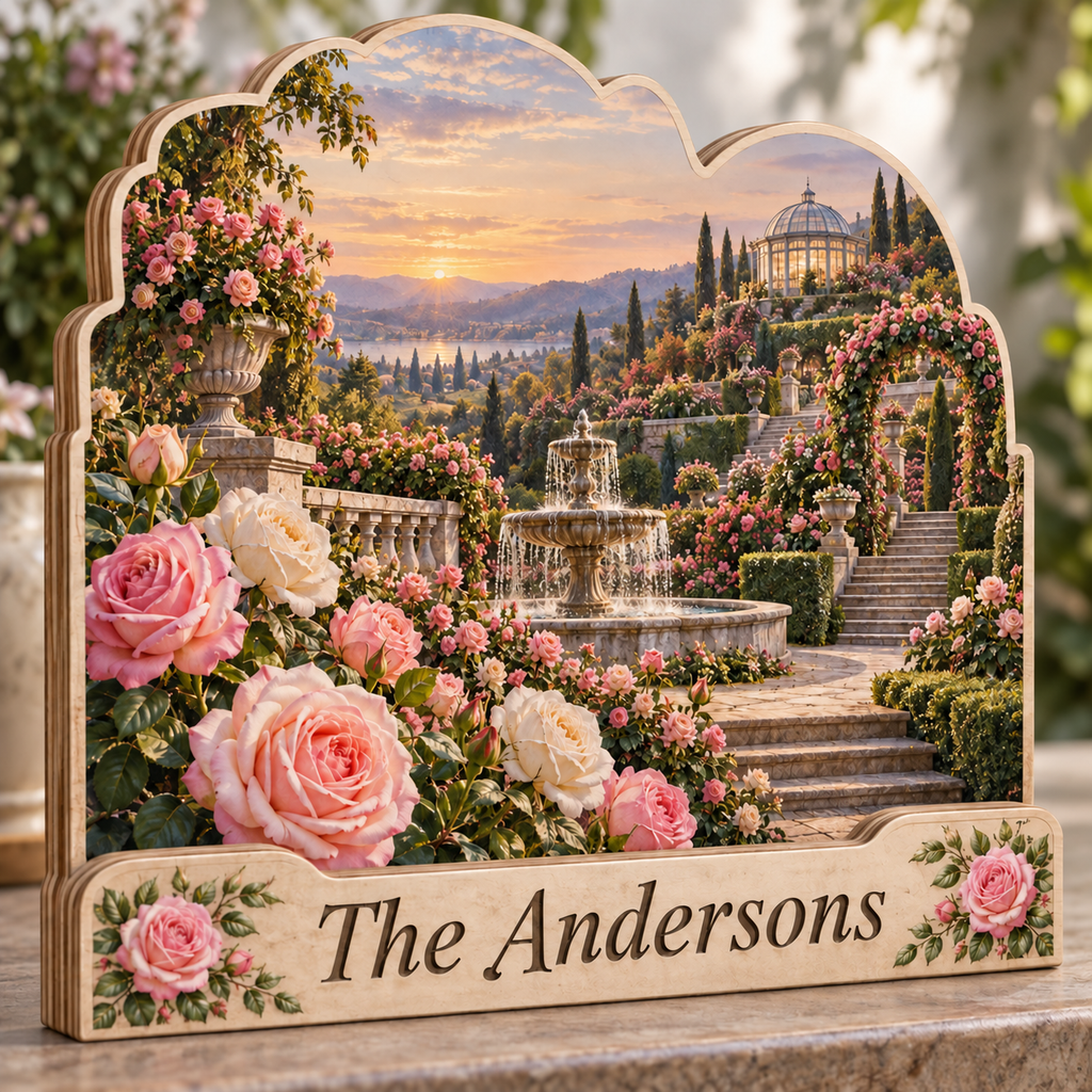 Rose Garden Fountain Terrace Personalized Wooden Block; example personalization The Andersons