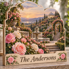 Rose Garden Fountain Terrace Personalized Wooden Block; example personalization The Andersons