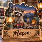 Raccoon Lakeside Camp Personalized Wooden Block; example personalization Mason