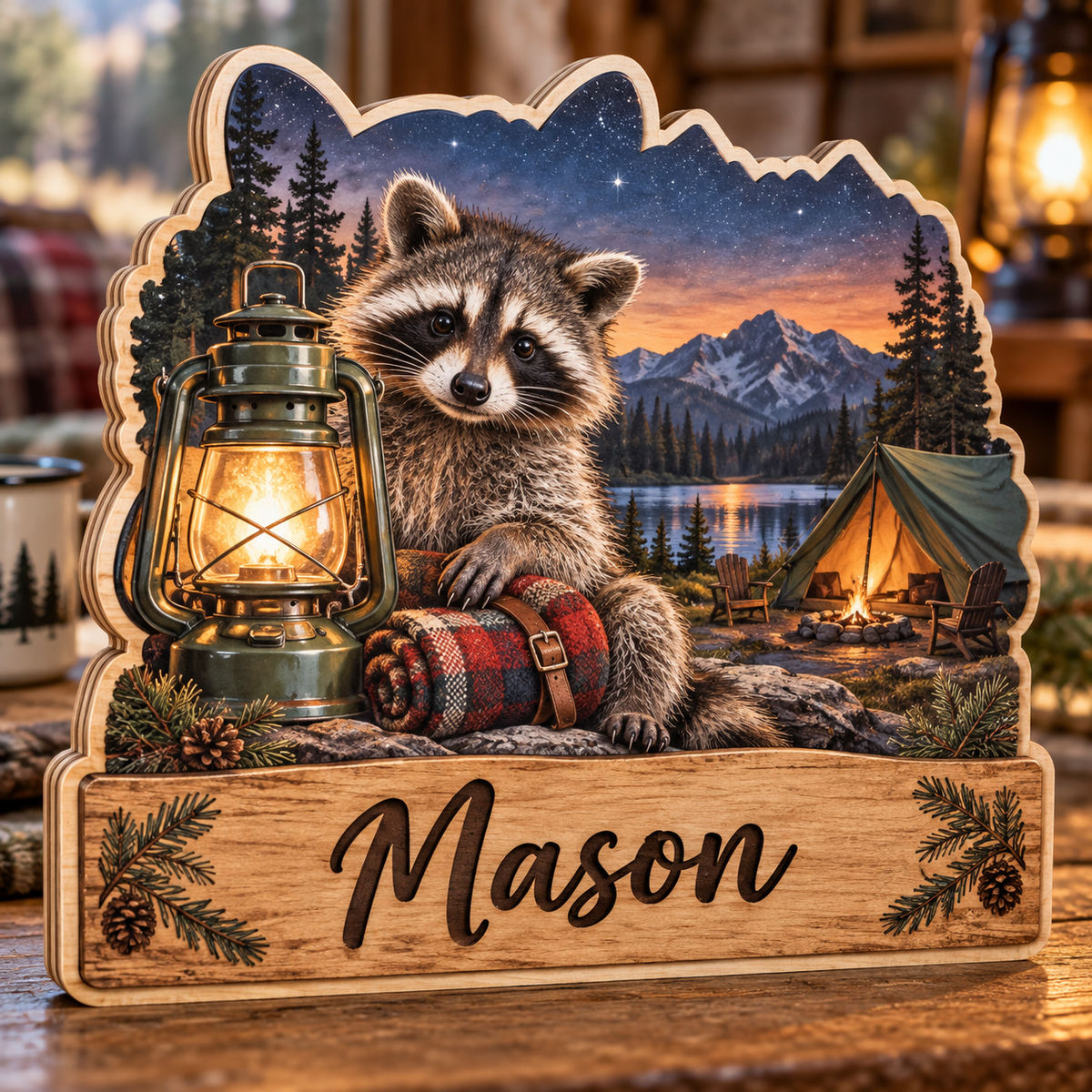 Raccoon Lakeside Camp Personalized Wooden Block; example personalization Mason