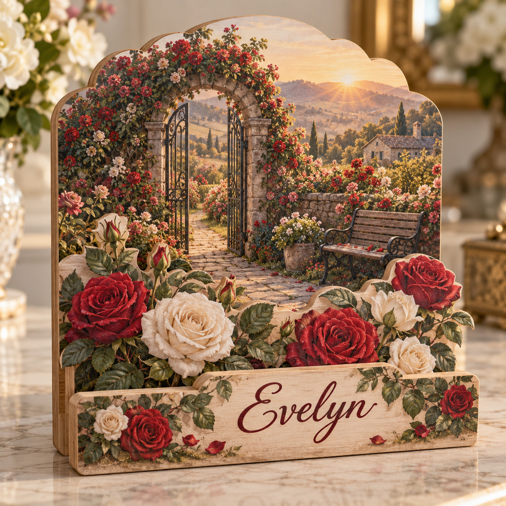 Rose Garden Sunrise Stone Gate Personalized Wooden Block; example personalization Evelyn
