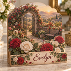 Rose Garden Sunrise Stone Gate Personalized Wooden Block; example personalization Evelyn