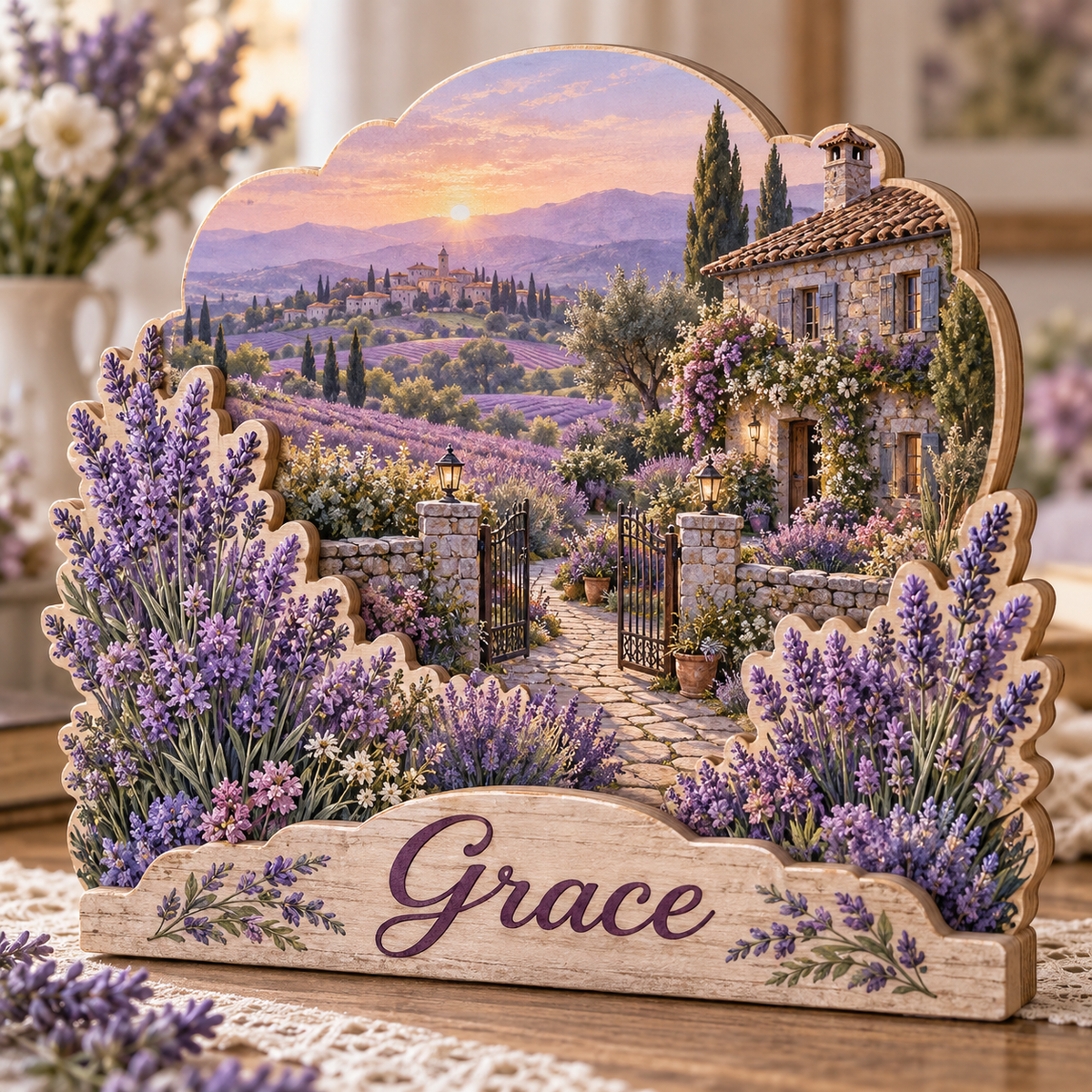 Lavender Garden Stone Cottage Personalized Wooden Block; example personalization Grace