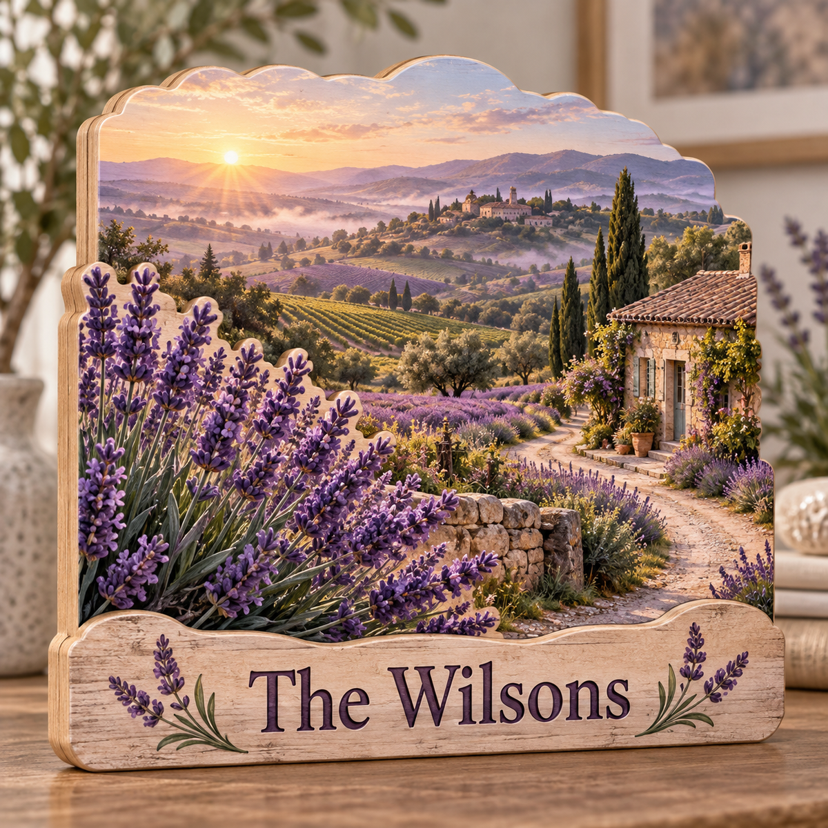Lavender Vineyard Stone Cottage Personalized Wooden Block; example personalization The Wilsons