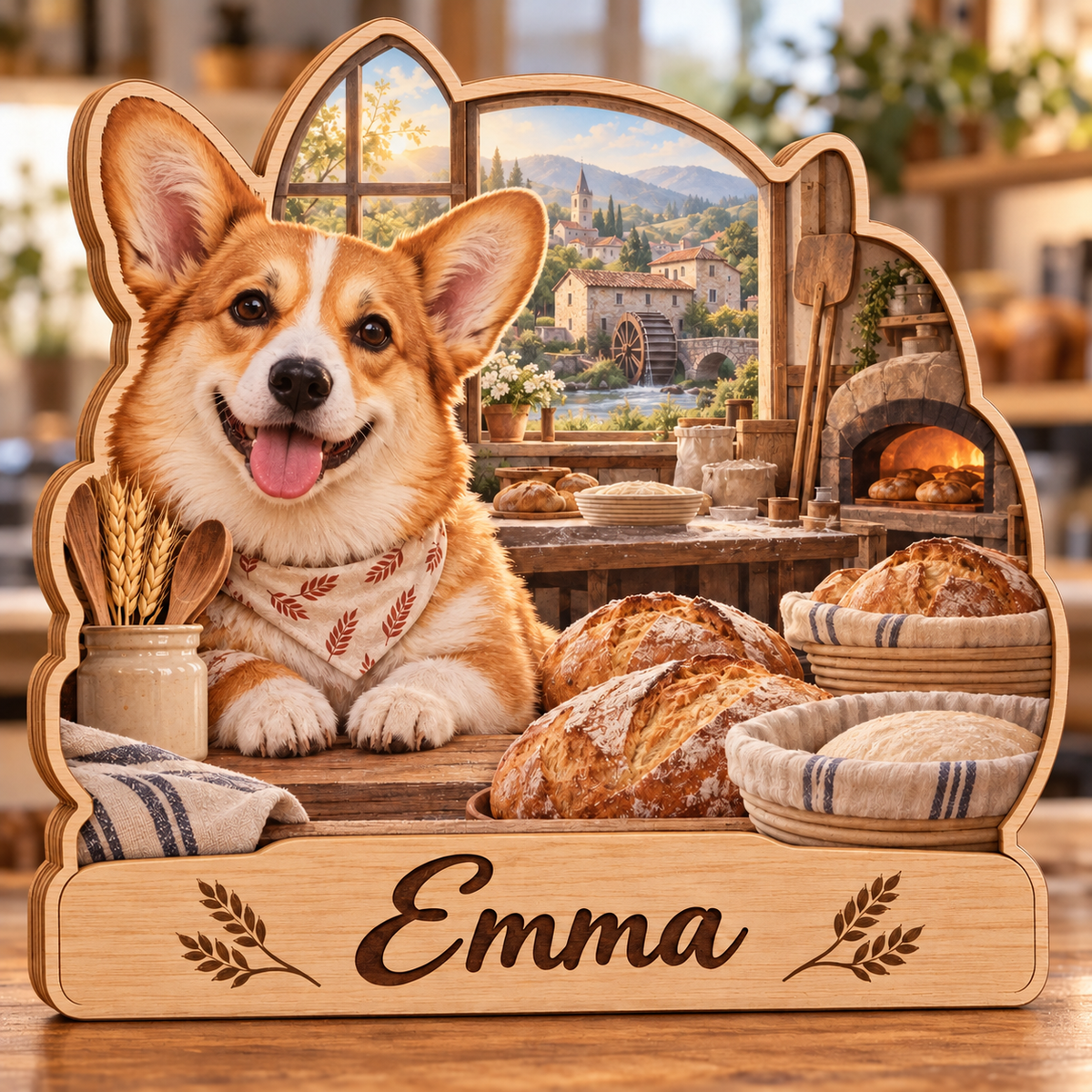 Corgi Sourdough Bakery Personalized Wooden Block; example personalization Emma
