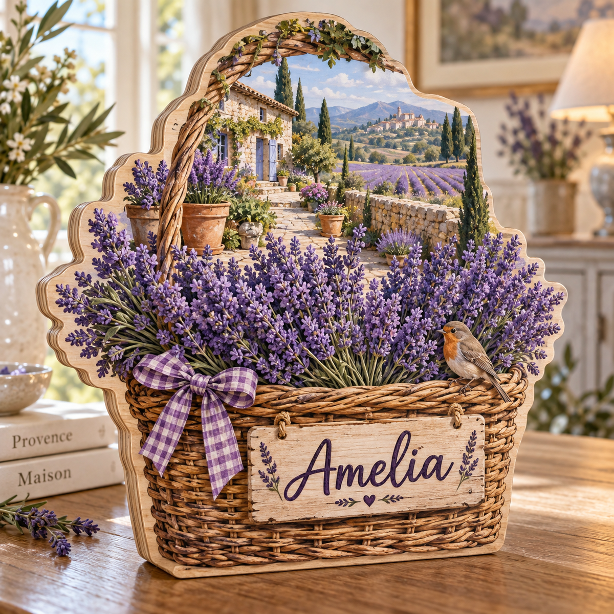 Lavender Garden Basket Personalized Wooden Block; example personalization Amelia