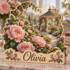 Peony Garden Arched Gazebo Personalized Wooden Block; example personalization Olivia